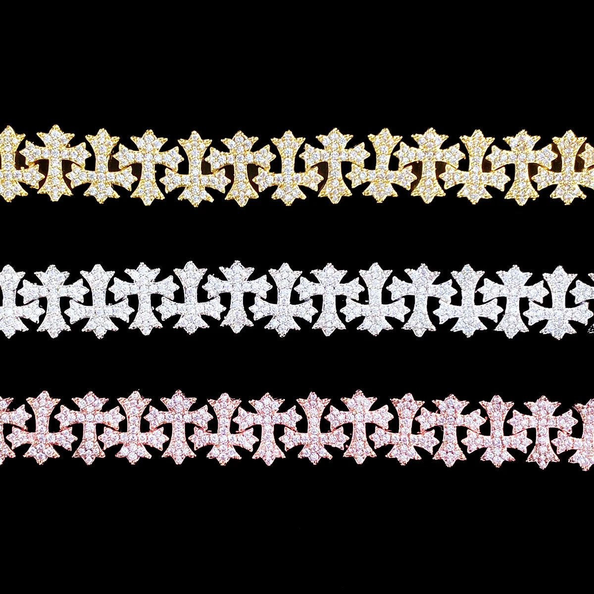Aokaishen Iced Out Cross Link Bracelet  for Men 5A Cubic Zirconia Gold Plated Hip Hop Jewelry