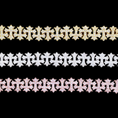 Aokaishen Iced Out Cross Link Bracelet  for Men 5A Cubic Zirconia Gold Plated Hip Hop Jewelry