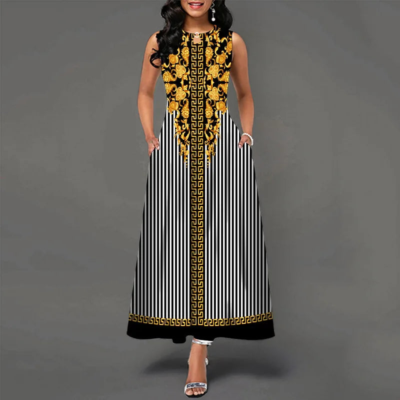 Women Plus Size Casual Retro Long Dress with Pockets Floral Print Swing Dress