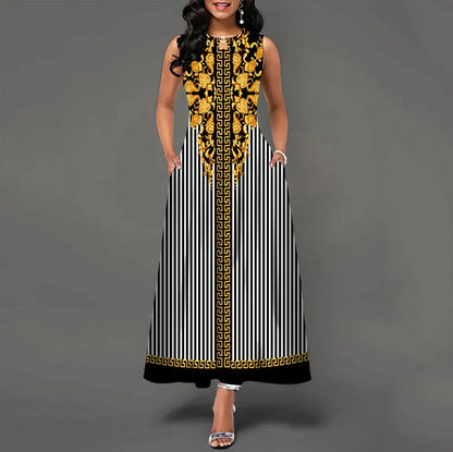 Women Plus Size Casual Retro Long Dress with Pockets Floral Print Swing Dress