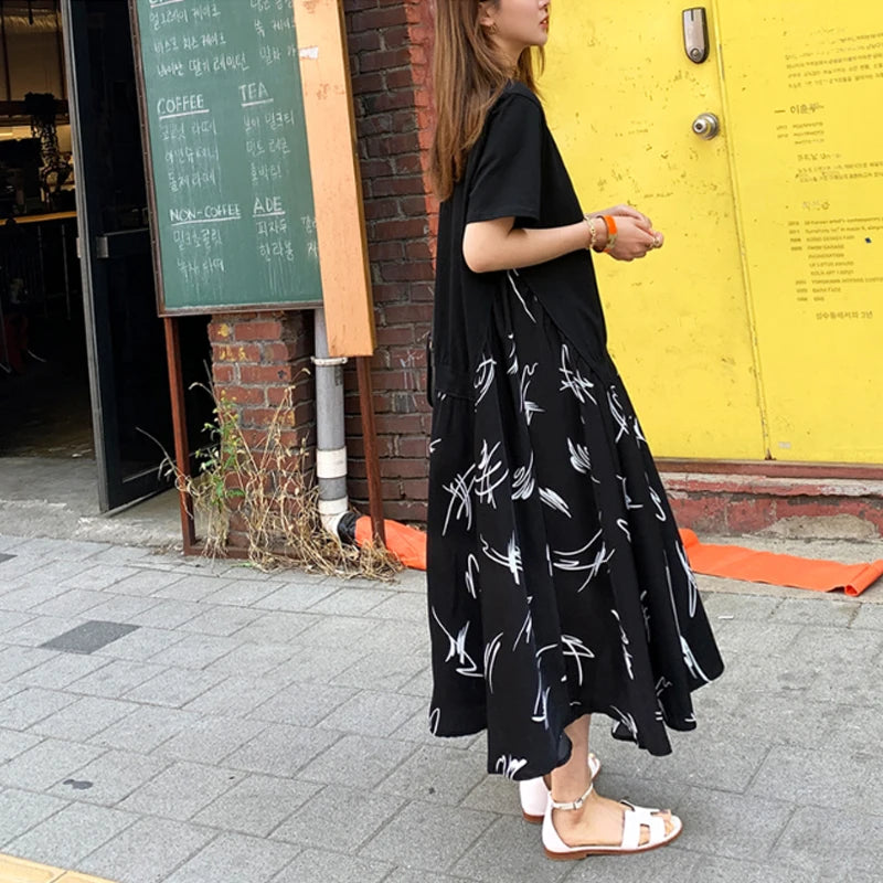 Plus Size XL- 5XL Female Vestidos 2025 Summer Casual Women Patchwork Dress Print Beach Style Ladies Dress Fake Two Piece Robe