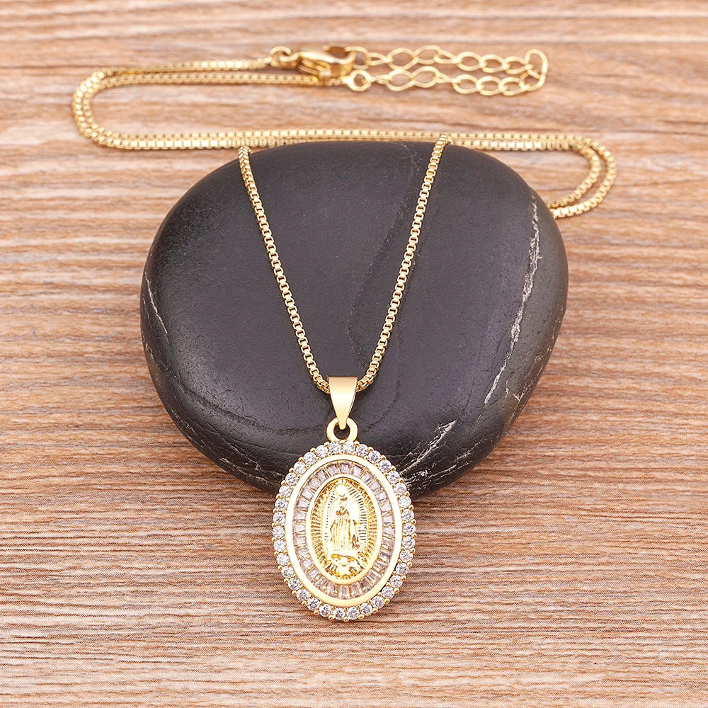 Nidin New Arrival Full Zircon Luxury Gold Plated Long Chain Virgin Mary Pendant Necklace For Women Men Charm Catholic Jewelry