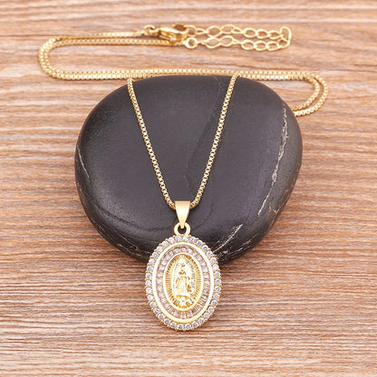 Nidin New Arrival Full Zircon Luxury Gold Plated Long Chain Virgin Mary Pendant Necklace For Women Men Charm Catholic Jewelry