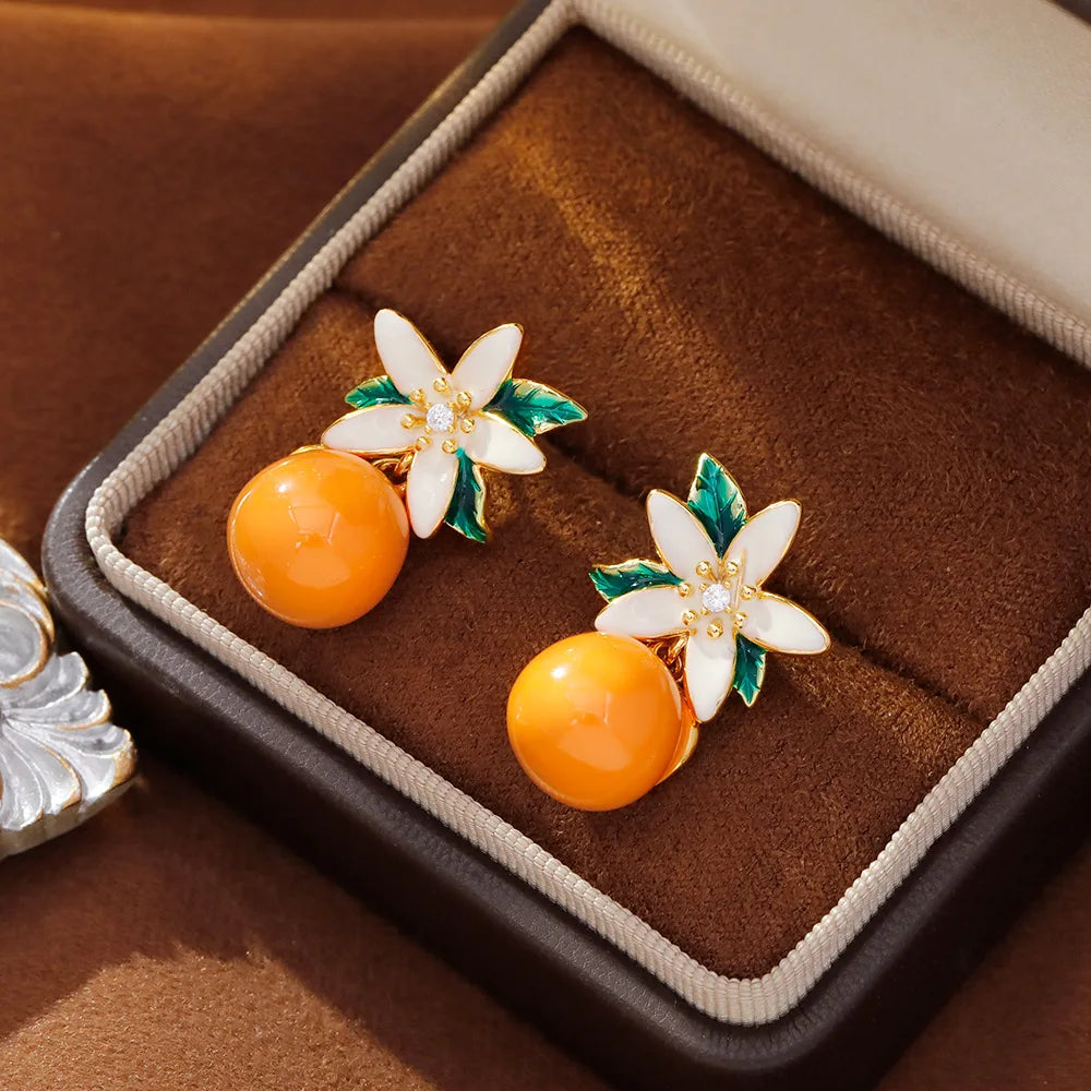 2026 New Women Earrings Alloy Gold Plated Orange Flower Drop Earrings Fashion Cute Sweet Jewelry For Daily Casual Party