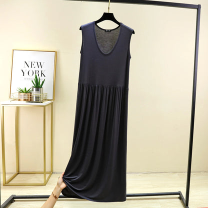 Plus size L to 6XL Women's dress Modal Sleeveless tank dress Pleated sleepdress Mid-Length waist-slimming dresses Loose homewear