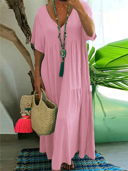 Plus-Size Women's Casual, Loose-Fitting, V-Neck Solid-Color Long Dress; Spring/Summer Pleated Plus-Size Women's Dress