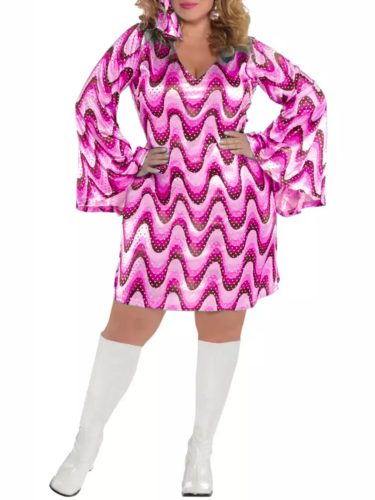 Plus Size 70s Floral Print Dress, Disco Party Mini with Bell Sleeves, Jazz Hippie A-Line Swing Dress for Women