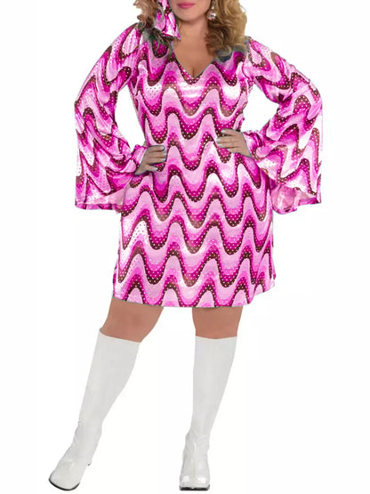 Plus Size 70s Floral Print Dress, Disco Party Mini with Bell Sleeves, Jazz Hippie A-Line Swing Dress for Women