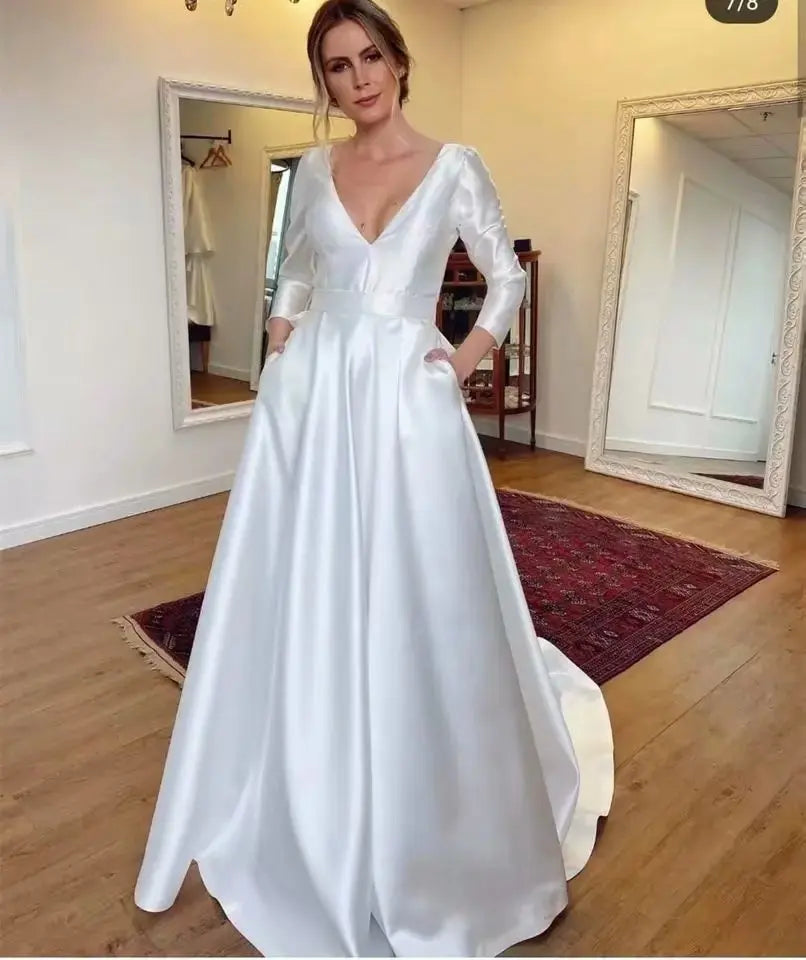 Plus Size Wedding Dress 3/4 Sleeve V-Neck Elegant Dresses For Bridal Gown Backless Vestido De Noiva