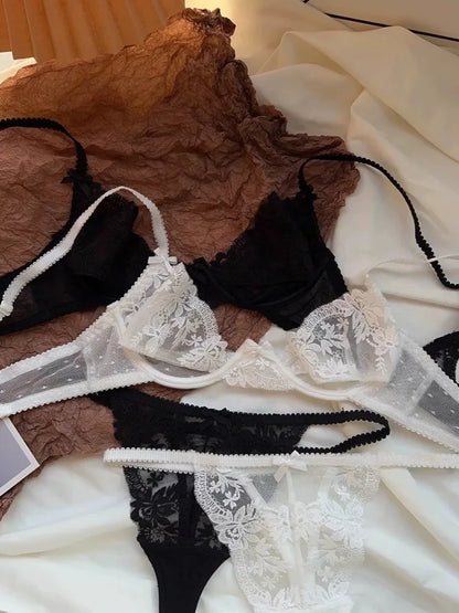 Ultra Thin Bra Set for Petite Chest: Anti-Sag Soft Wire Uplift, Sheer French Lace Bralette & Briefs, Plus Size Women 32 - 38 A B