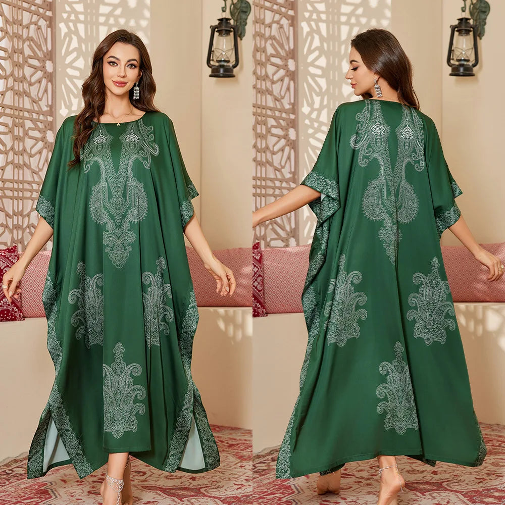 Plus Size Women Green Long Sleep Dress Nightgown Loose Casual Satin Home Clothes Bath Robe Gown Print Loungewear Nightwear ﻿