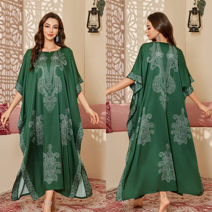 Plus Size Women Green Long Sleep Dress Nightgown Loose Casual Satin Home Clothes Bath Robe Gown Print Loungewear Nightwear ﻿
