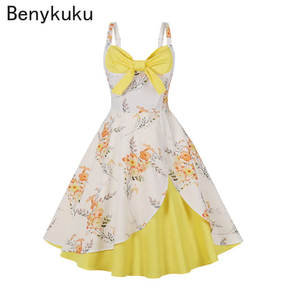 Plus Size Swan Flamingo Print Vintage Dress Women Casual Tunic Pin Up Robe 50s Rockabilly Summer Party Dresses Feminino Vestidos