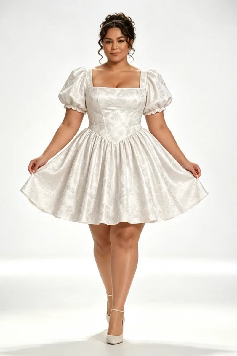 Plus Size Ivory Jacquard Satin Corset Mini Dress Elegant Square Neck Croset Back A‑Line Short  Romantic Homecoming Customized