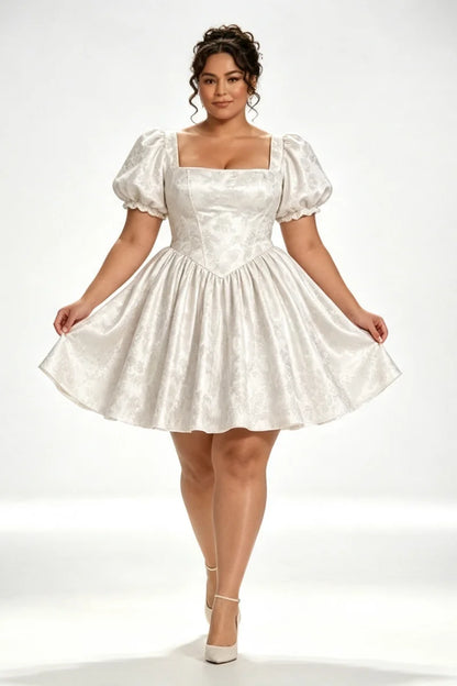 Plus Size Ivory Jacquard Satin Corset Mini Dress Elegant Square Neck Croset Back A‑Line Short  Romantic Homecoming Customized