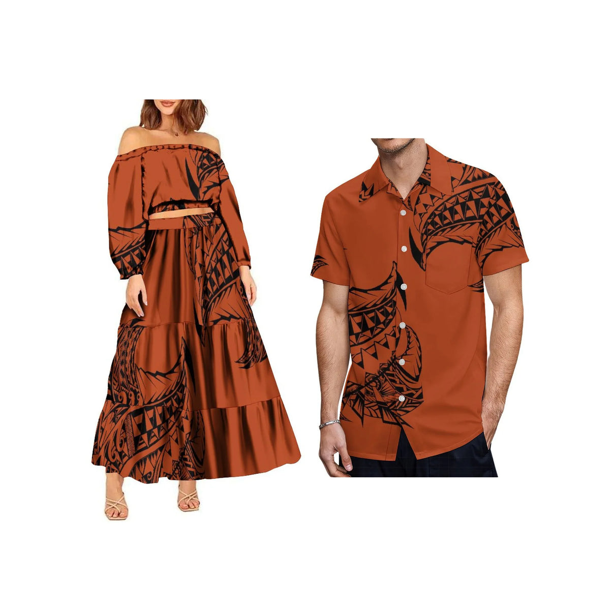 New Fashion Custom Plus Size Lady Full Sleeve Off Shoulder Crop Top and Long Pleated Skirt Samoan Polynesian Dress Women 2pcs