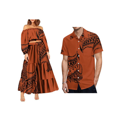 New Fashion Custom Plus Size Lady Full Sleeve Off Shoulder Crop Top and Long Pleated Skirt Samoan Polynesian Dress Women 2pcs