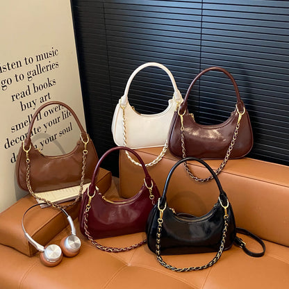 Elegant Ladies Shopping Purse Retro Pu Leather Shoulder Bag French Style Underarm Handbag Chain Clutch Bag Female Crossbody Bag