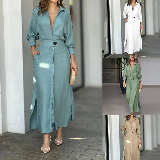 Spring Summer Women Dress Plus Size White Casual V Neck Lapel Long Sleeve Shirt Maxi Dresses Female Pocket Party Long Robe