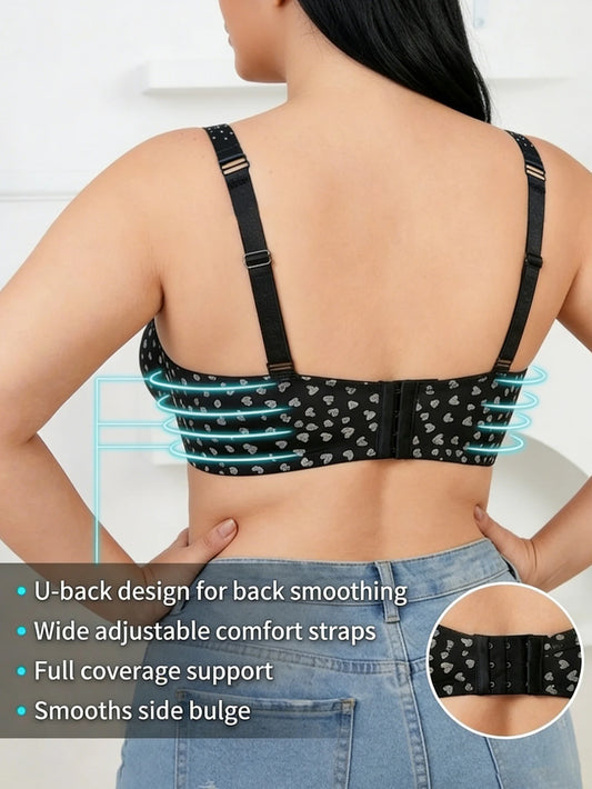 Plus Size Heart Pattern Women's Bra Stylish Push up Bra Rhinestones Adjustable Wide Straps Underwire Thin Cup Comfy Lingerie