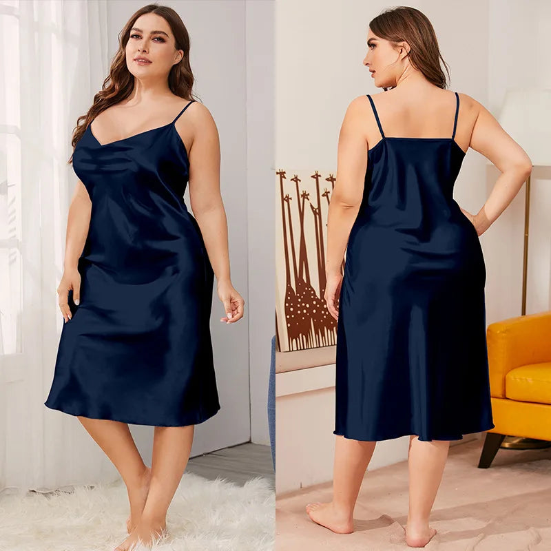 Plus Size 3XL 4XL 5XL Women's Nightgown Chemise Sleepwear Sexy Suspender Lace V-Neck Nightdress Loose Satin Homewear