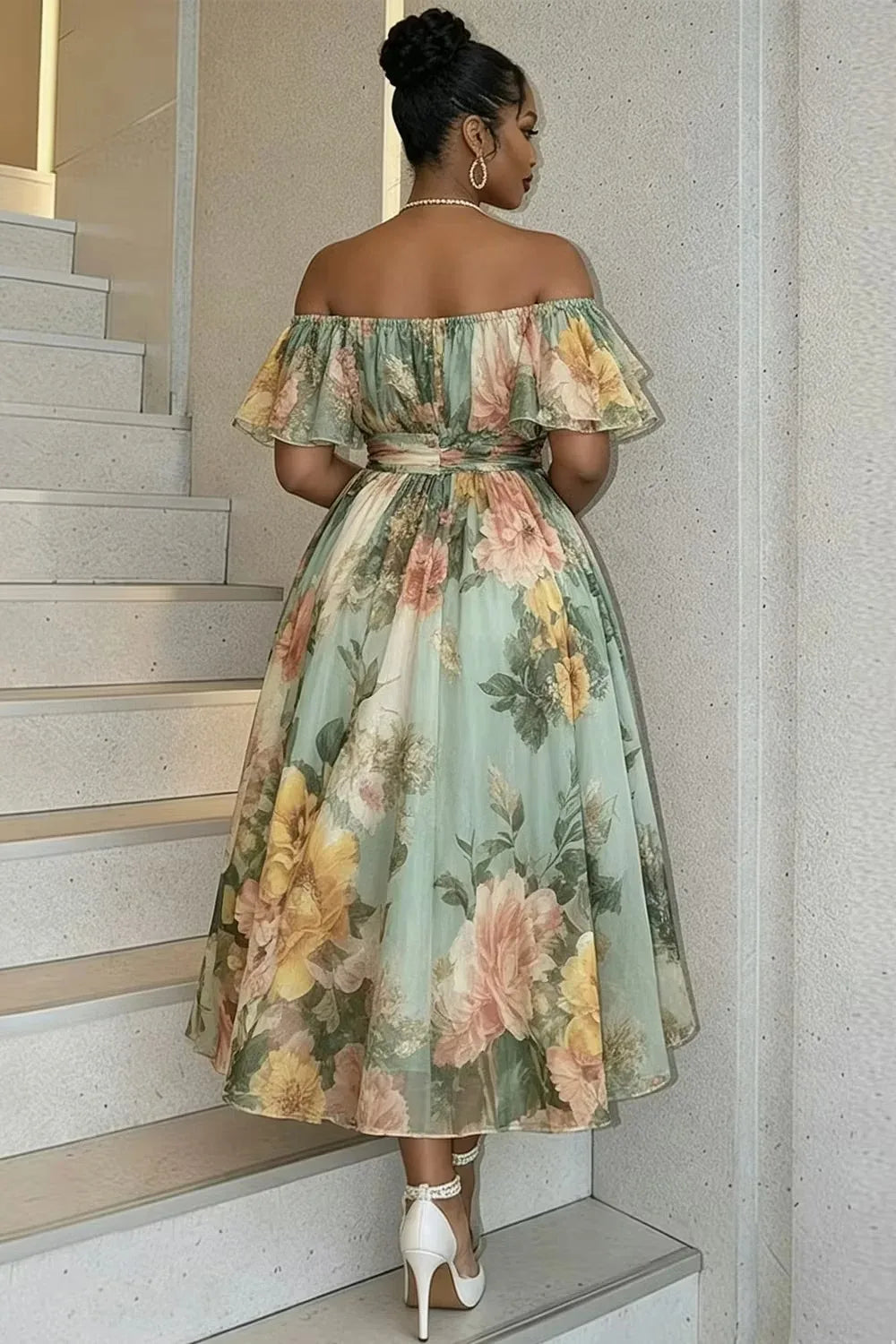 Women's Plus Size Green Floral Off Shoulder Ruffle Chiffon Midi Dress High Waist A Line Flowy Formal Dress Elegant Party Dress