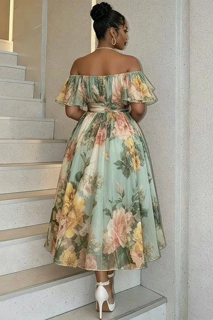 Women's Plus Size Green Floral Off Shoulder Ruffle Chiffon Midi Dress High Waist A Line Flowy Formal Dress Elegant Party Dress