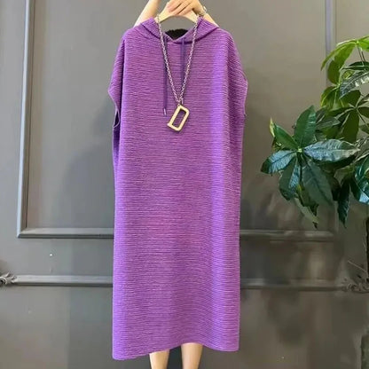 Women Large Size 4XL Pleated Long Dress Summer Female Fashion Solid Color Vestidos Spring Ladies Hooded Knee Length Maxi Dresses