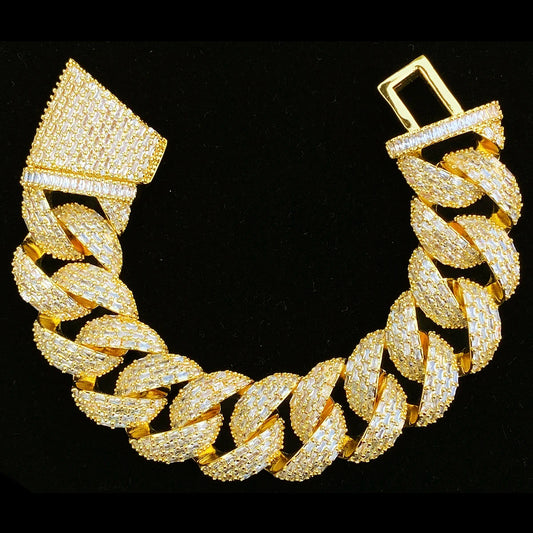 Aokaishen 25mm Special Clasp Baguette Cuban Link Bracelet for Men 5A Cubic Zirconia Gold Plated Hip Hop Jewelry