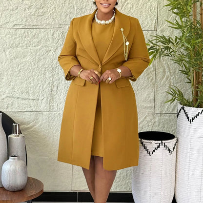Plus Size Women 2 Piece Outfit Long Blazer Coat Matching Dress Set 3/4 Flare Sleeve Formal Wear Elegant Church Office Lady Suit