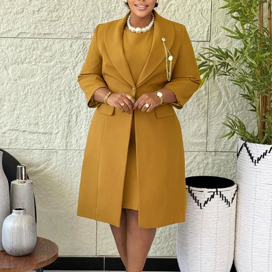 Plus Size Women 2 Piece Outfit Long Blazer Coat Matching Dress Set 3/4 Flare Sleeve Formal Wear Elegant Church Office Lady Suit