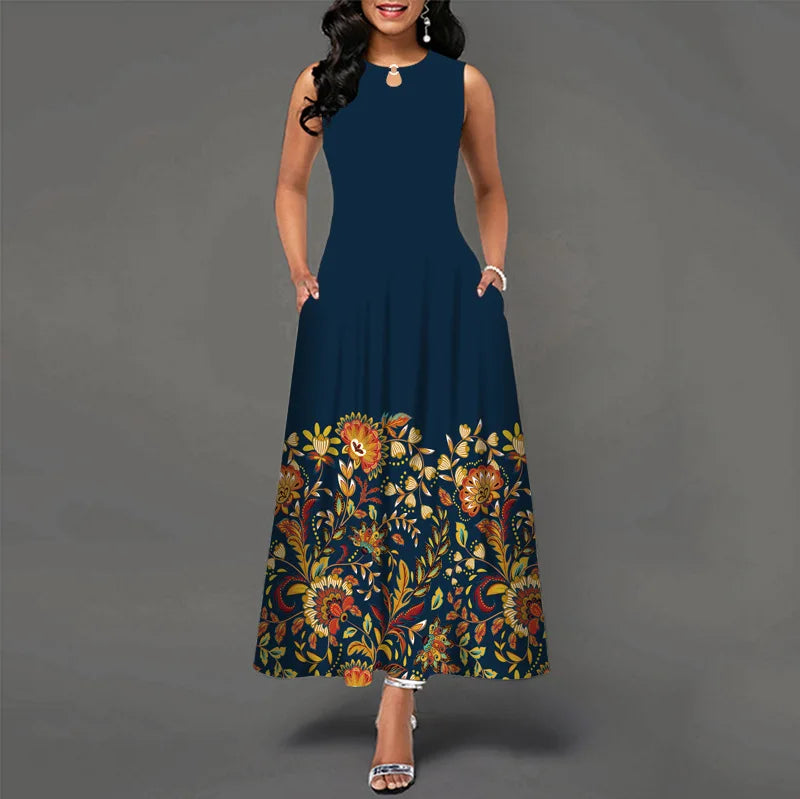Women Plus Size Casual Retro Long Dress with Pockets Floral Print Swing Dress