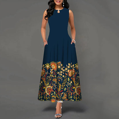Women Plus Size Casual Retro Long Dress with Pockets Floral Print Swing Dress