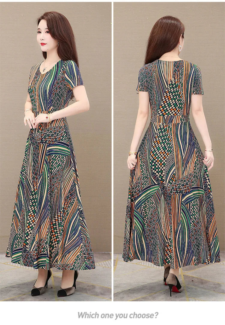 Women's Plus Size Print Dress Summer Mid-Age Mother Loose Long Flared Skirt Elegant Knee Length Dress