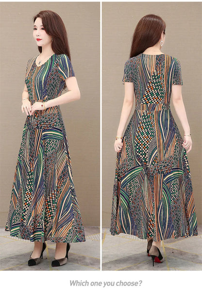 Women's Plus Size Print Dress Summer Mid-Age Mother Loose Long Flared Skirt Elegant Knee Length Dress