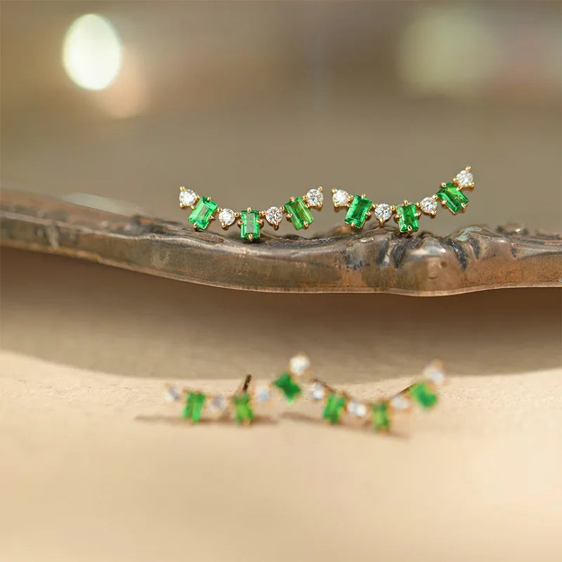 925 Sterling Silver Emerald Zircon Earring Gold Plated Vintage Style Ear Stud, Elegant Statement Jewelry for Women