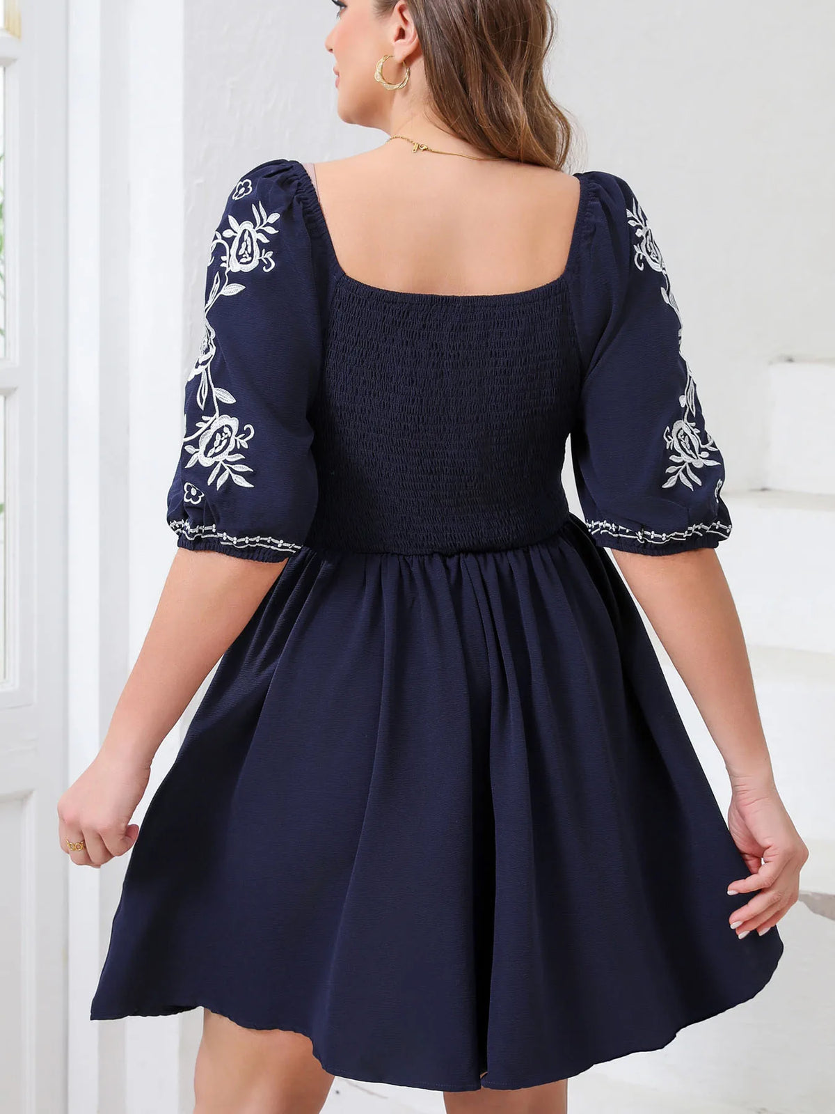Women's Plus-Size Elegant Embroidered Dress – V-Neck, Half-Sleeve, Flowy Short Dress