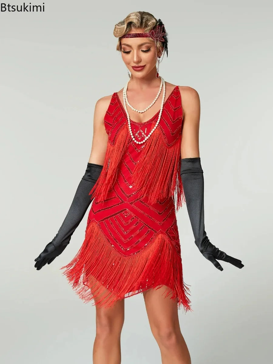 Flapper Roaring Plus Size 20s Great Lady Mini Short Dress Gatsby Fringed Sequin Beaded Lady Mini Tassels Decoration Dress Women