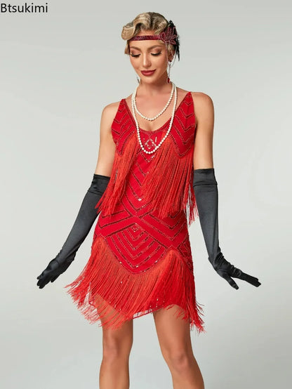 Flapper Roaring Plus Size 20s Great Lady Mini Short Dress Gatsby Fringed Sequin Beaded Lady Mini Tassels Decoration Dress Women