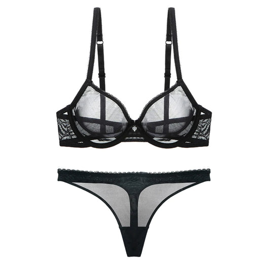Varsbaby Sexy Lace Unlined Underwear Set Solid Transparent Three Quarters Yarn Thong Plus Size Bra Set