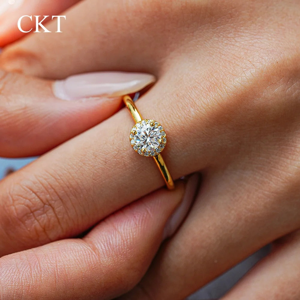 CKT Luxury Round Rings for Women Round 18K Gold 0.5ct Diamond Moissanite Ring Wedding Fine Jewelry Gift