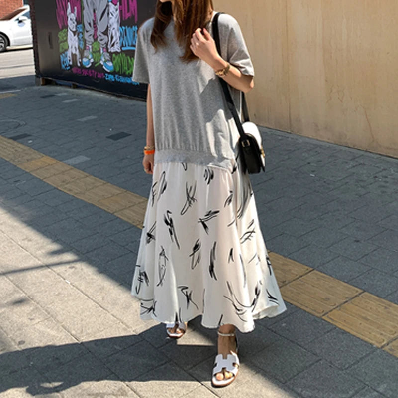 Plus Size XL- 5XL Female Vestidos 2025 Summer Casual Women Patchwork Dress Print Beach Style Ladies Dress Fake Two Piece Robe