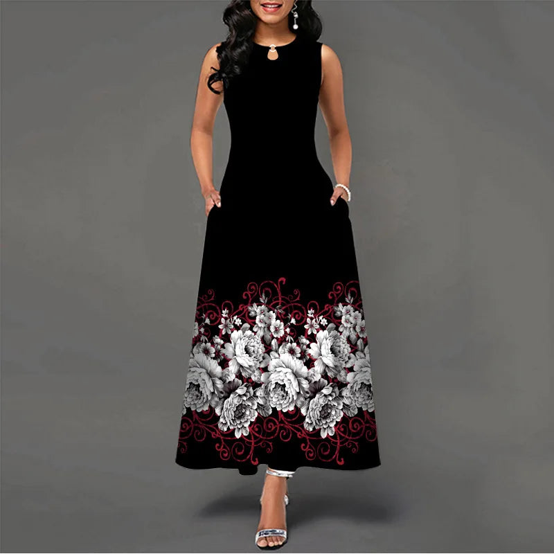 Women Plus Size Casual Retro Long Dress with Pockets Floral Print Swing Dress