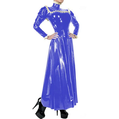 Plus Size Ladies Elegant Long Dress High Neck Ruched Trims Long Sleeved Vestidos Bodycon Back Zip Wetlook PVC Leather Ball Gowns