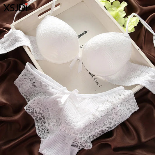 Women's Sexy Lace Bra Set Fashion Thin Deep V Bra Push-up Underwear Lenceria Mujer Vintage Embroidered Solid Color Bra Set