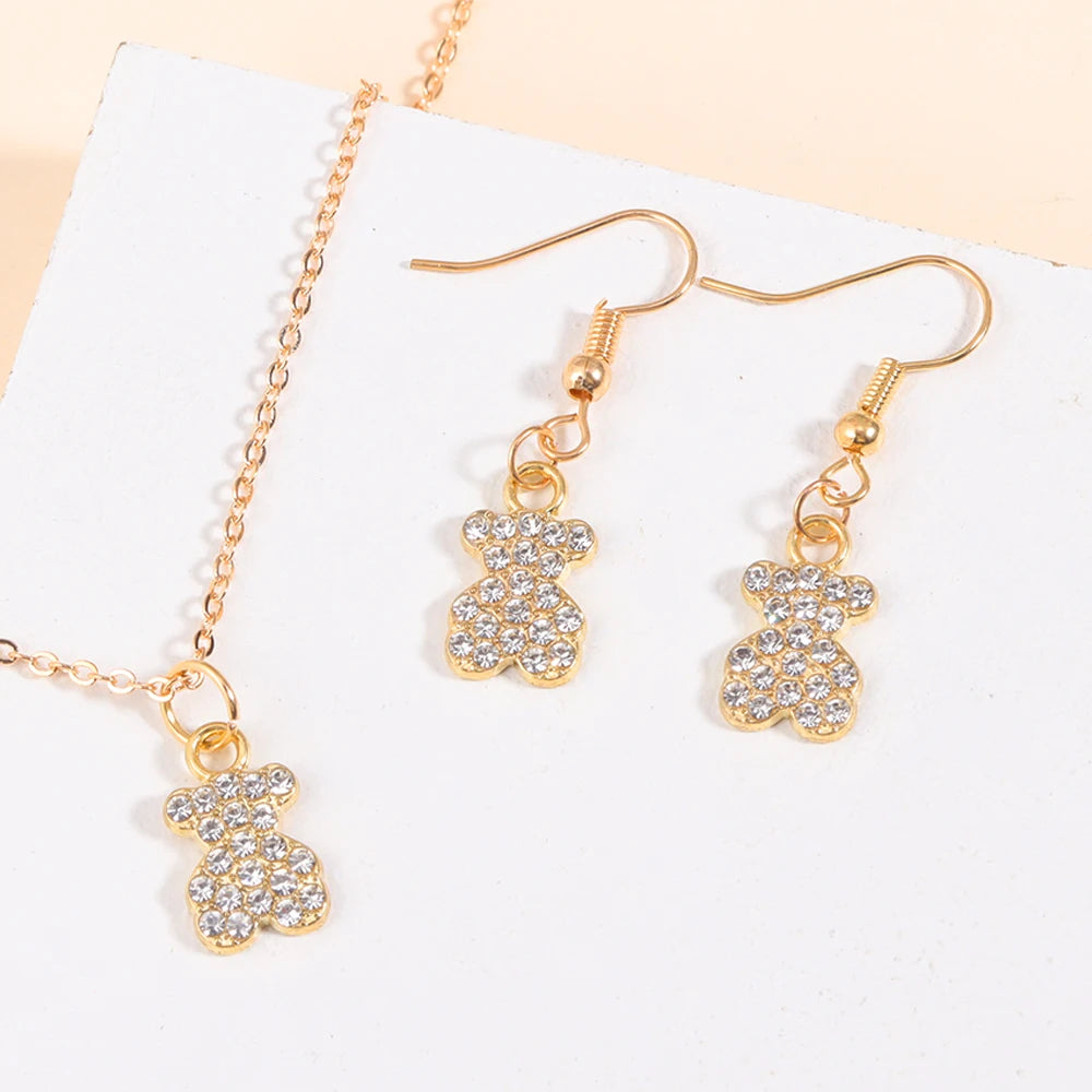 Gold/Silver Color Jewelry Set Luxury Shining Zircon Bear Crown Planet Earrings Necklace Sets For Party Anniversary Exquisite Gif