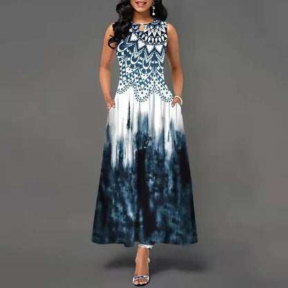 Women Plus Size Casual Retro Long Dress with Pockets Floral Print Swing Dress