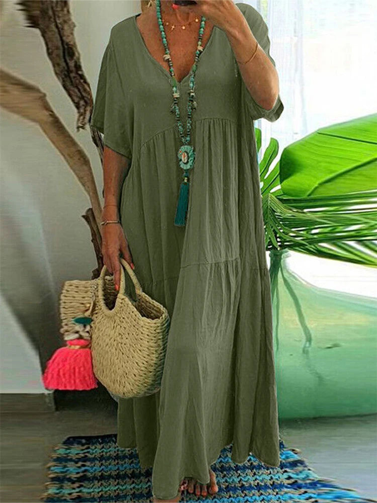 Plus-Size Women's Casual, Loose-Fitting, V-Neck Solid-Color Long Dress; Spring/Summer Pleated Plus-Size Women's Dress