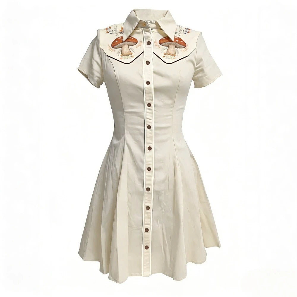 Women's Plus Size Cute Mushroom Print Lapel Collar Dress Button Down Slim Fit Casual Party Dress Cotton Soft Casual Dresses