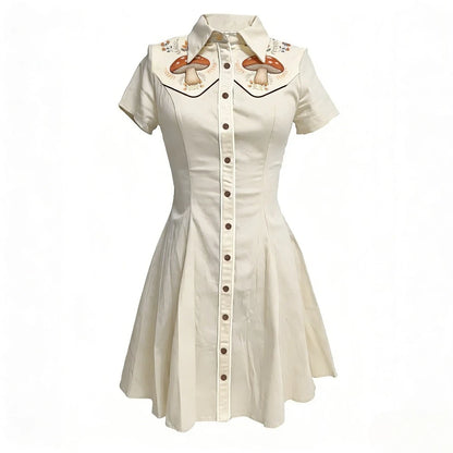 Women's Plus Size Cute Mushroom Print Lapel Collar Dress Button Down Slim Fit Casual Party Dress Cotton Soft Casual Dresses
